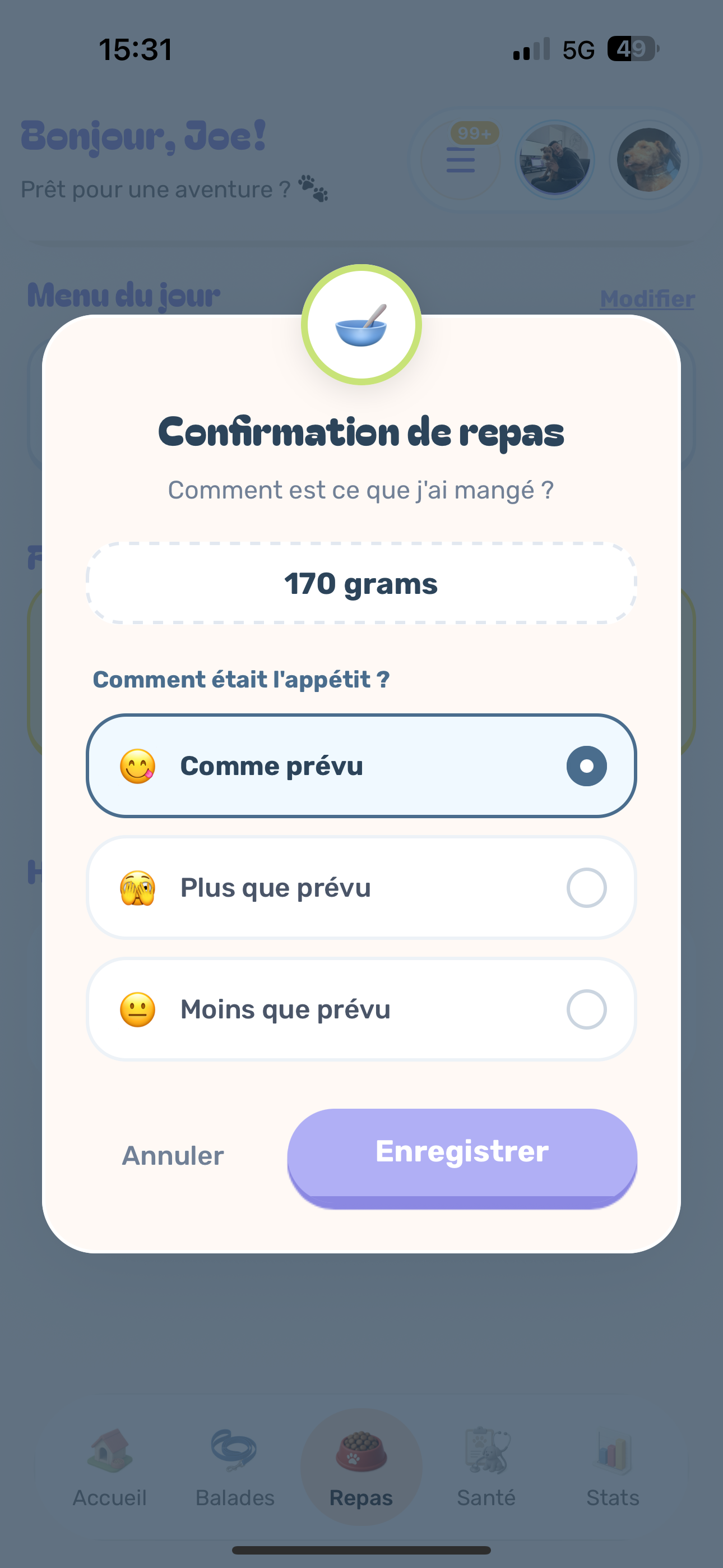 Enregistrement repas chien dans ToutouStory